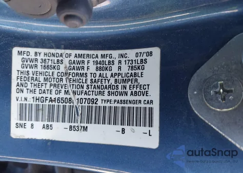2008 Honda Civic Lx z USA, uszkodzony, nr VIN 1HGFA16508L107092